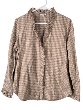 Tyler Boe Long Sleeve Ruffle Front Button Down Shirt Gold/Cream Houndstooth S